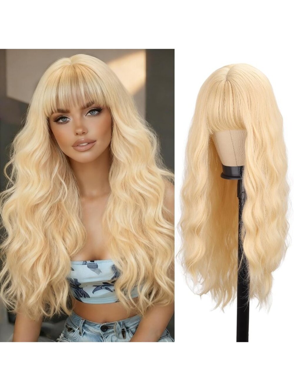Women's Blonde 26 Inch Layered Curly Long Wavy Ash Blonde Natural Wigs